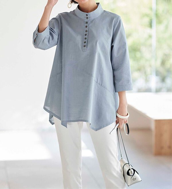 BELLUNA（ベルーナ）の「綿１００％スラブ素材スタンド衿切替ブラウス（ブラウス）」｜詳細画像