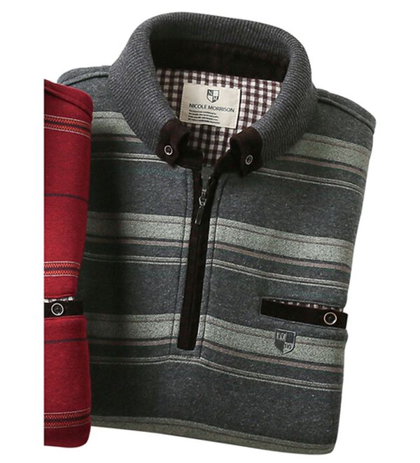 「＜ニコル　モリソン＞暖か衿デザイントレーナー　ボーダー（メンズトレーナー）」｜チャコール(ボーダー)