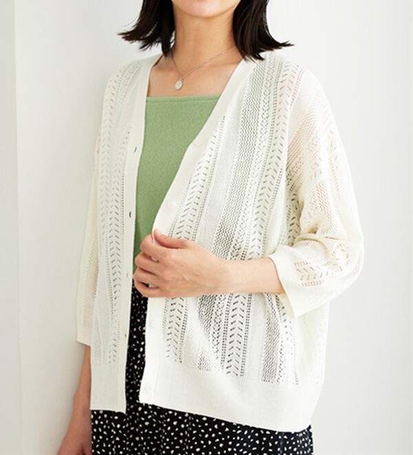 BELLUNA（ベルーナ）の「麻タッチ透かし編５分袖ニットカーディガン（ニットカーディガン）」｜詳細画像