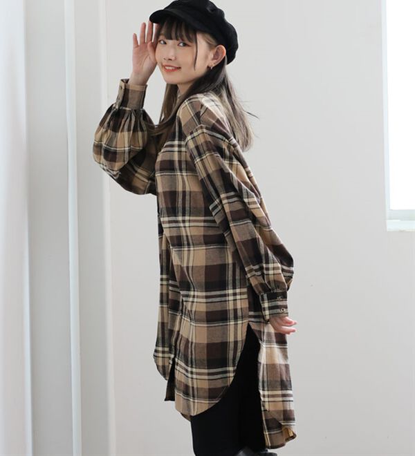 LL～8L】フランネル チェック バンドカラー 裾ラウンド