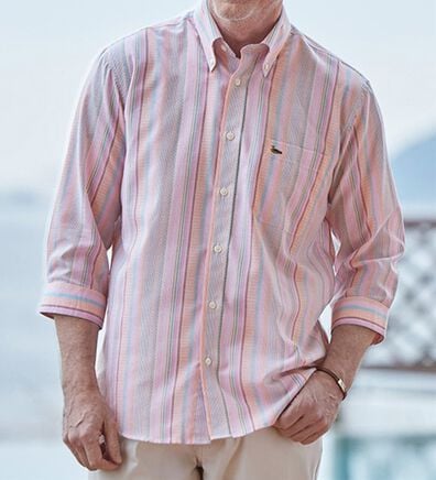 「【２色組】＜デコイ＞華やかマルチストライプ７分袖シャツ（メンズシャツ）」