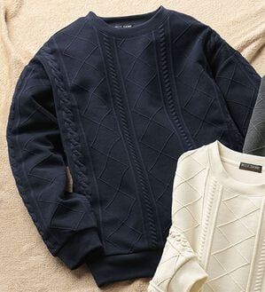 「ケーブル柄ジャカードトレーナー（メンズトレーナー）」｜ネイビー