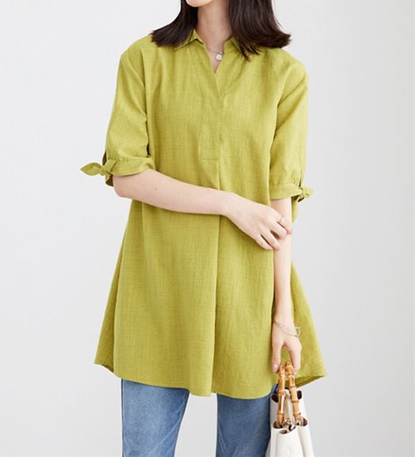 BELLUNA（ベルーナ）の「【接触冷感】麻調素材袖リボン使いシャツチュニック（チュニック）」｜詳細画像