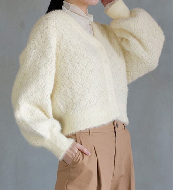 RANAN（ラナン）の「パール調ボタン付フェザーニットカーディガン（ニットカーディガン）」｜詳細画像