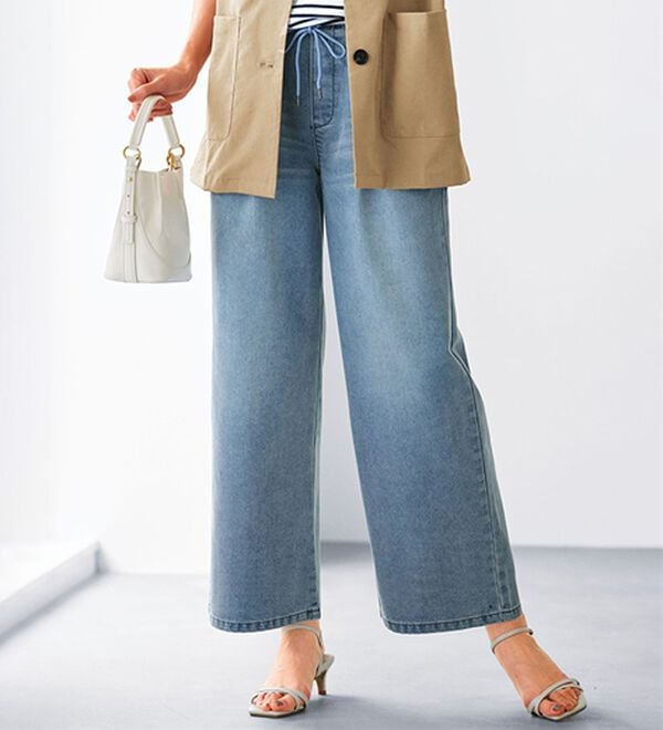BELLUNA（ベルーナ）の「薄くて軽い！デニムイージーワイドパンツ（ワイドパンツ・ガウチョ）」｜ライトブルー