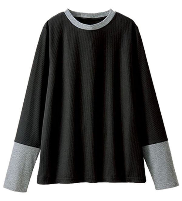 BELLUNA（ベルーナ）の「配色リブ素材クルーネックプルオーバー（カットソー）」｜黒&times;杢グレー