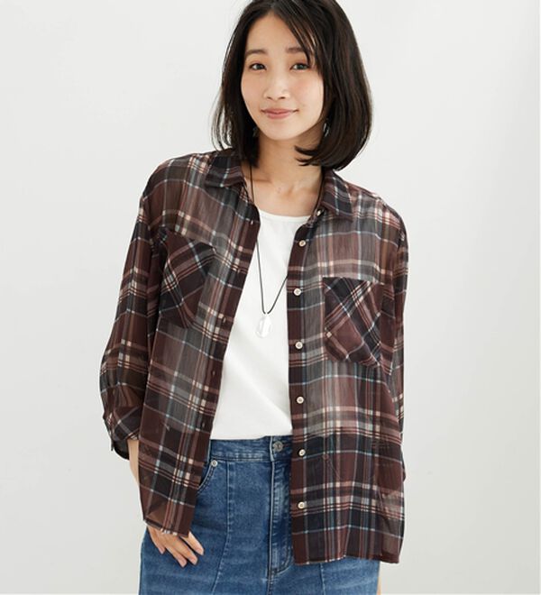 BELLUNA（ベルーナ）の「シフォン楊柳チェック柄プリントシャツ（シャツ）」｜詳細画像