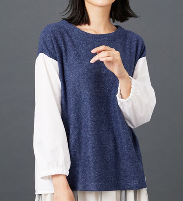 BELLUNA（ベルーナ）の「ラメ入り起毛素材シャツ切替プルオーバー（カットソー）」｜ネイビー