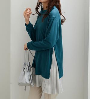 BELLUNA（ベルーナ）の「裾プリーツ切替ボタン使いチュニック（チュニック）」｜ターコイズ&times;グレー