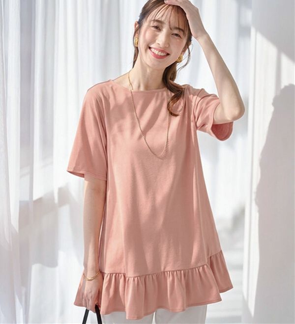 alotta（アロッタ）の「【接触冷感】裾フリルＡラインＴシャツチュニック（チュニック）」｜コーラル