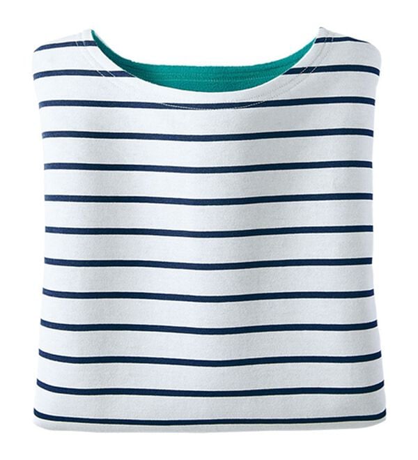 BELLUNA（ベルーナ）の「裏フリース配色プルオーバー（カットソー）」｜ボーダー(白／ネイビー)