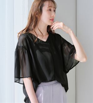 alotta（アロッタ）の「【接触冷感】インナー付フレアー袖タックブラウス（ブラウス）」｜ブラック