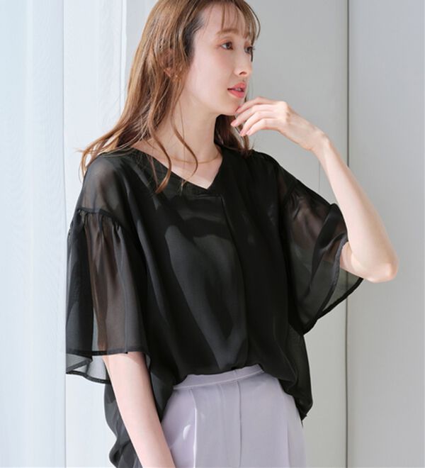 alotta（アロッタ）の「【接触冷感】インナー付フレアー袖タックブラウス（ブラウス）」｜ブラック