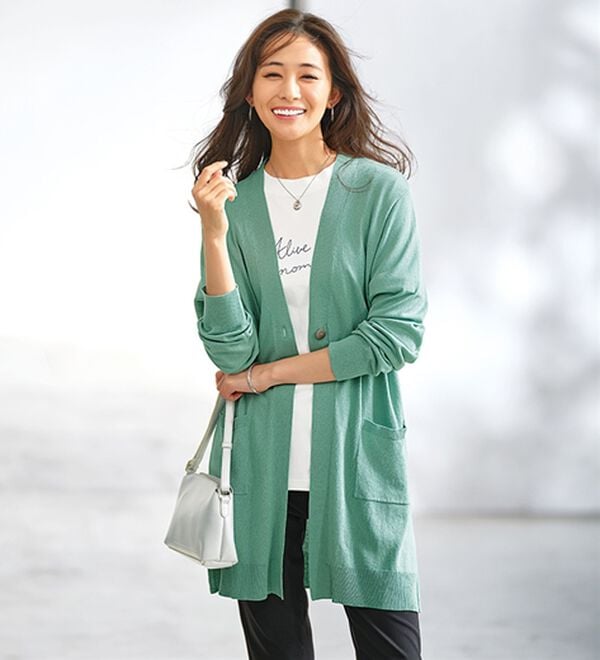 BELLUNA（ベルーナ）の「ヒンヤリ冷感！洗えるロング丈カーディガン（ニットカーディガン）」｜セージ