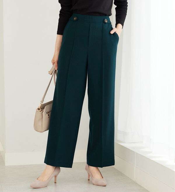 BELLUNA（ベルーナ）の「サマ見え（Ｗ）ストレッチ素材タブ使いワイドパンツ（ワイドパンツ・ガウチョ）」｜モスグリーン