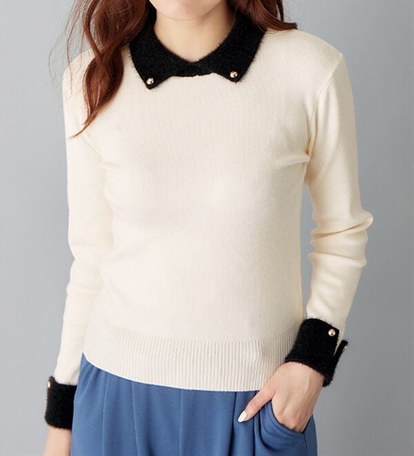 alotta（アロッタ）の「洗える！もっちりタッチ衿付フェザー切替配色ニット（ニット・セーター）」｜詳細画像