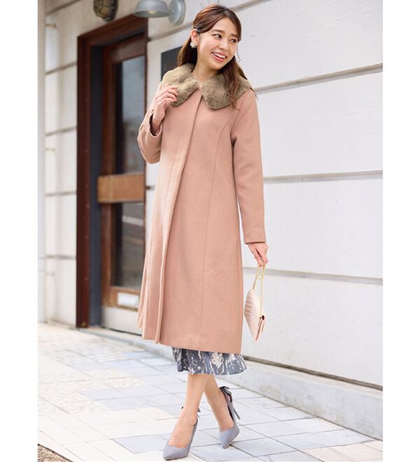 alotta（アロッタ）の「美人シルエットファー付ノーカラーコート【美人百花掲載】（ロングコート）」｜詳細画像
