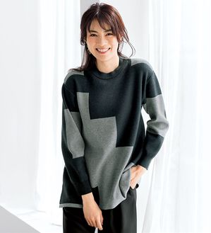BELLUNA（ベルーナ）の「印象的な配色ブロックニットチュニック（チュニック）」｜モノトーン