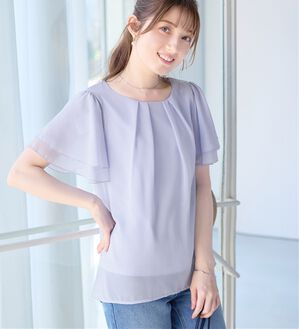 alotta（アロッタ）の「【５つの機能付】ひんやり！インナー付きフリル袖シフォンタックブラウス（ブラウス）」｜サックス