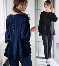 RANAN（ラナン）の「【２点セット】洗える！バックパール調ペプラムチュニックセットアップ（パンツスーツ）」