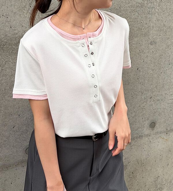 RANAN（ラナン）の「レイヤード風ヘンリーネックTシャツ（カットソー）」｜詳細画像