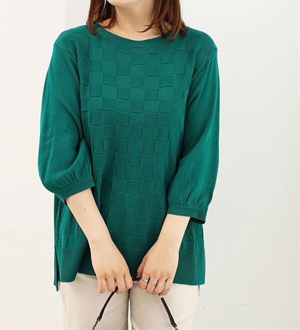 BELLUNA（ベルーナ）の「格子柄ニットプルオーバー（ニット・セーター）」｜グリーン