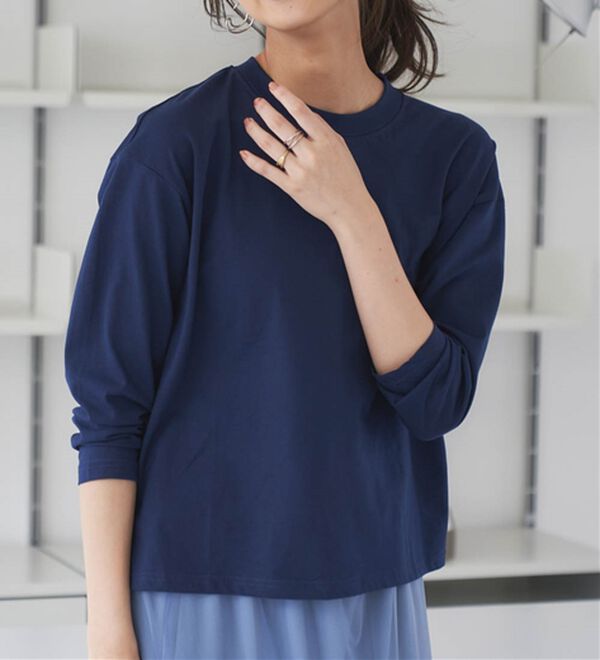 RANAN（ラナン）の「【選べる袖丈】【ひんやり・ＵＶ】＜BC＞綿100％プチハイネックＴシャツ（カットソー）」｜ネイビー（長袖）