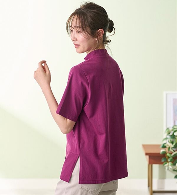 BELLUNA（ベルーナ）の「汗染み対策！綿１００％多ボタンハイネックＴシャツ（カットソー）」｜詳細画像