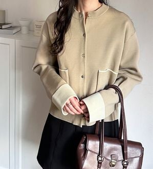 GeeRA（ジーラ）の「配色カラーニットカーディガン（ニットカーディガン）」｜ベージュ&times;ライトベージュ