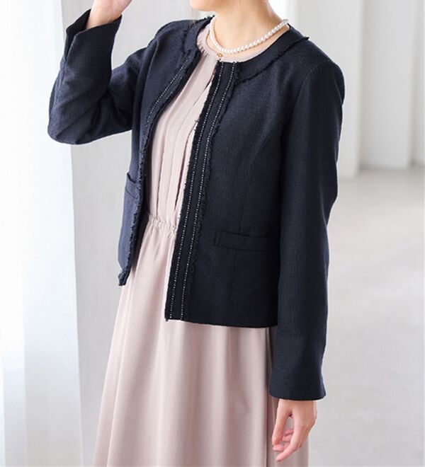 入学式卒業式に！フリンジ使いツイードノーカラージャケット＜M～5L