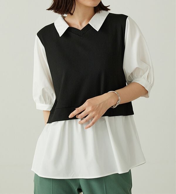 BELLUNA（ベルーナ）の「衿付きVネック異素材切替チュニック（チュニック）」｜黒&times;オフ白