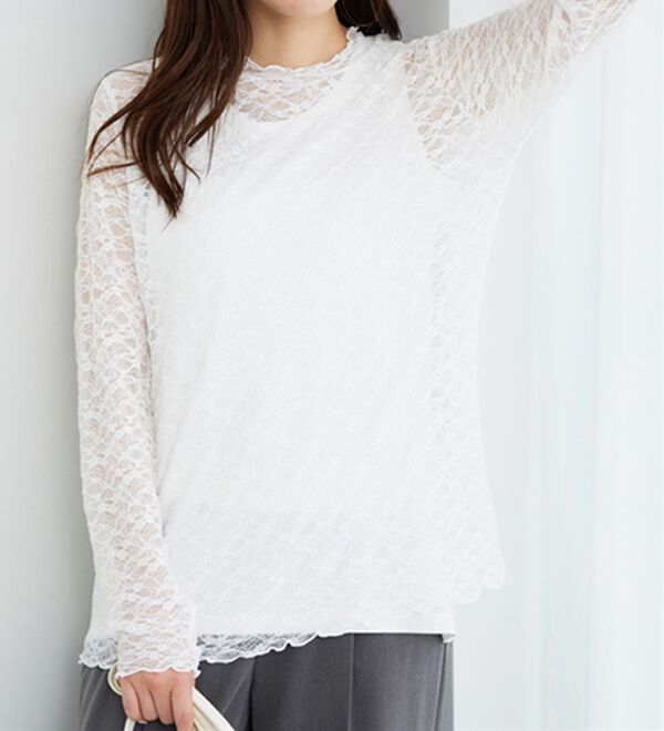 BELLUNA（ベルーナ）の「【重ね着にぴったり♪】のびやかレース素材メロー使いインナー（カットソー）」｜詳細画像