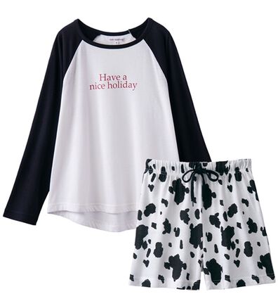 YU'NOW（ユナウ）の「【上下２点セット】ラグランスリーブＴシャツ＆ショートパンツセット（パジャマ・ルームウェア）」