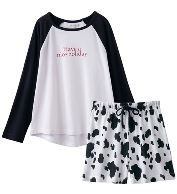 YU'NOW（ユナウ）の「ラグランスリーブＴシャツ＆ショートパンツセット（パジャマ・ルームウェア）」｜ブラック系牛柄