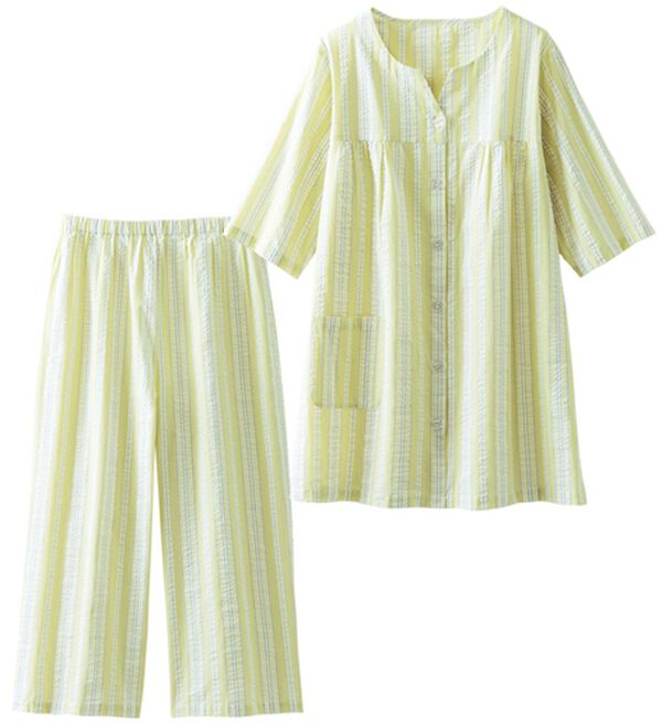 LAVIENNE（ラヴィエンヌ）の「【蒸し暑い夜も快適】綿１００％サッカーパジャマ（パジャマ・ルームウェア）」｜グリーン系ストライプ