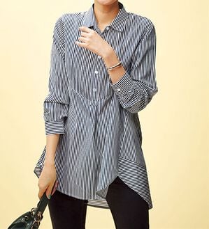 BELLUNA（ベルーナ）の「麻調素材タックデザインシャツチュニック（チュニック）」｜ストライプ