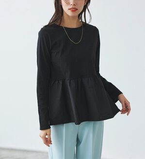 Pierrot（ピエロ）の「異素材ドッキングフリルギャザーペプラムカットソー（カットソー）」｜ブラック