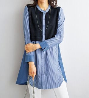 BELLUNA（ベルーナ）の「ストライプ&times;異素材切替シャツチュニック（チュニック）」｜詳細画像