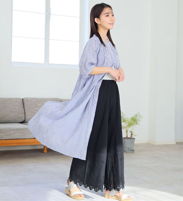 A HAPPY MARILYN（アハッピーマリリン）の「【Ｌ～６Ｌ】【風通るプレミアム】綿１００％ 楊柳 五分袖 ギャザーたっぷりワンピース（カットソーワンピース）」｜詳細画像