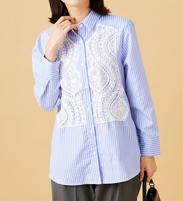BELLUNA（ベルーナ）の「【Ｌａｇｒｉｌｕａ】レース使いストライプシャツチュニック（チュニック）」｜詳細画像