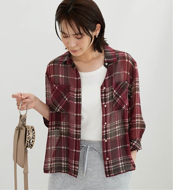 BELLUNA（ベルーナ）の「シフォン楊柳チェック柄プリントシャツ（シャツ）」｜詳細画像