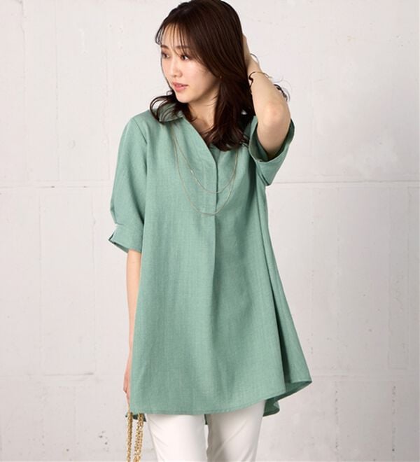 BELLUNA（ベルーナ）の「【接触冷感】麻調素材袖パール付シャツチュニック（チュニック）」｜詳細画像