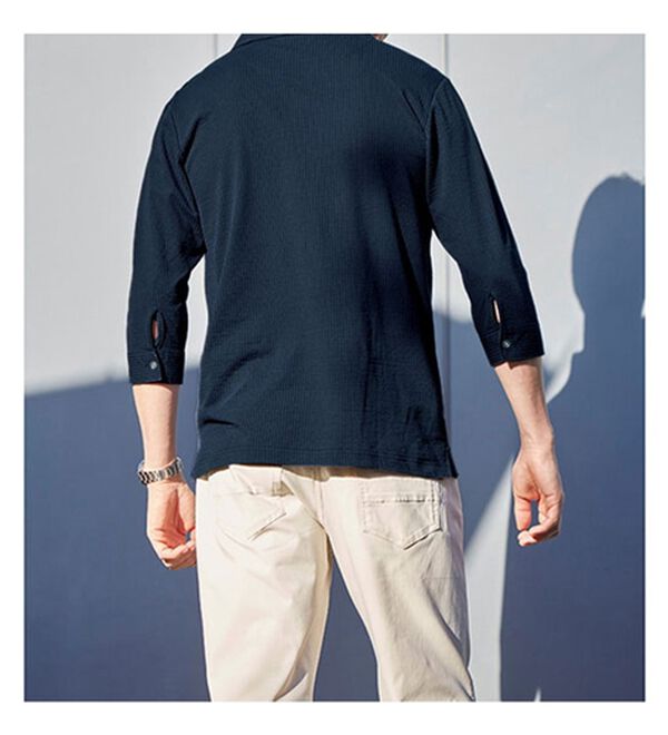 「＜ニコル　モリソン＞お洒落な７分袖スキッパーポロシャツ（メンズシャツ）」｜詳細画像