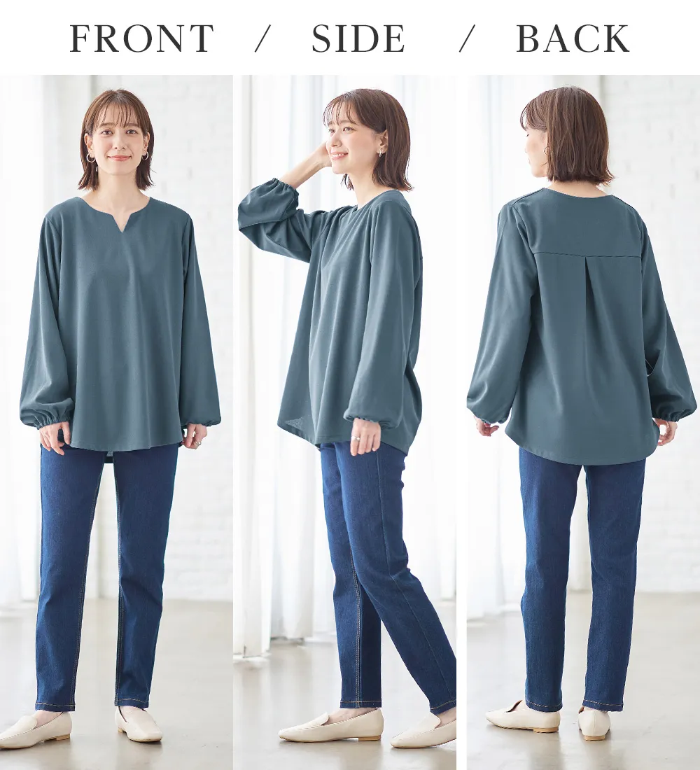 らくキレイ　キーネックチュニックブラウスＴシャツ

